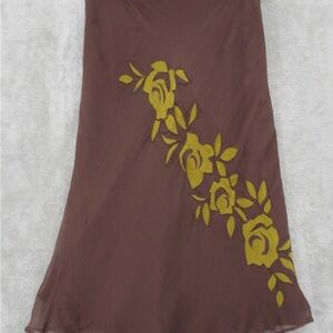 Vintage Richard Malcolm Skirt 6 Silk Rose Applique Chiffon Overlay 90s Brown Zip